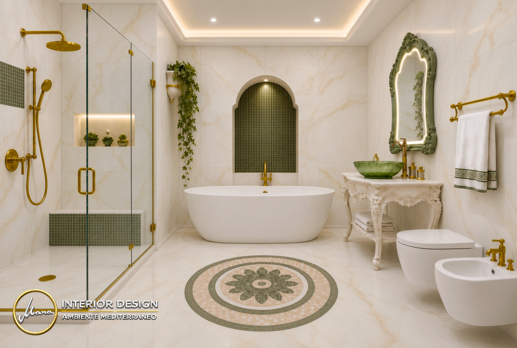 Andalusisch-mediterranes Badezimmer mit grünen Akzenten und warmen Naturmaterialien