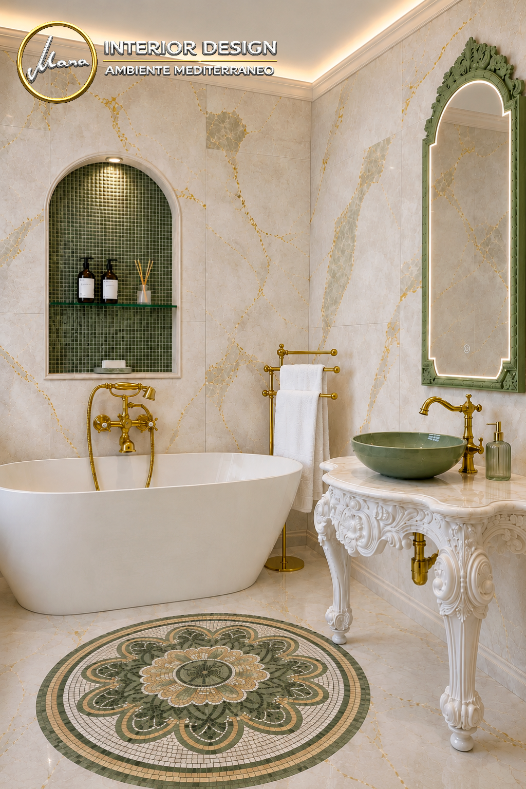 Mediterranes Badezimmer mit grünem Glaswaschbecken, Mosaik und goldenen Armaturen