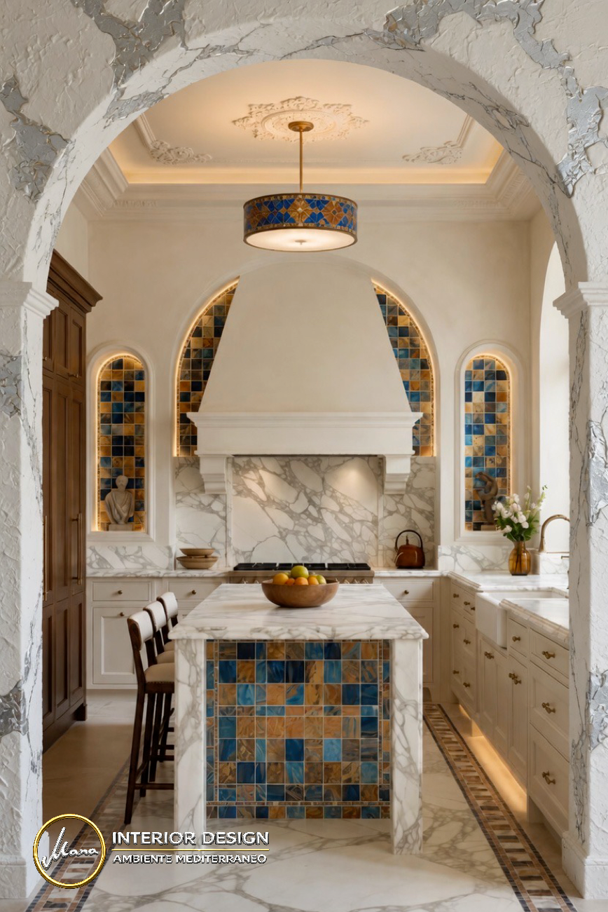 Andalusisch-mediterrane Küche mit blauer Mosaikinsel und Natursteinbogen