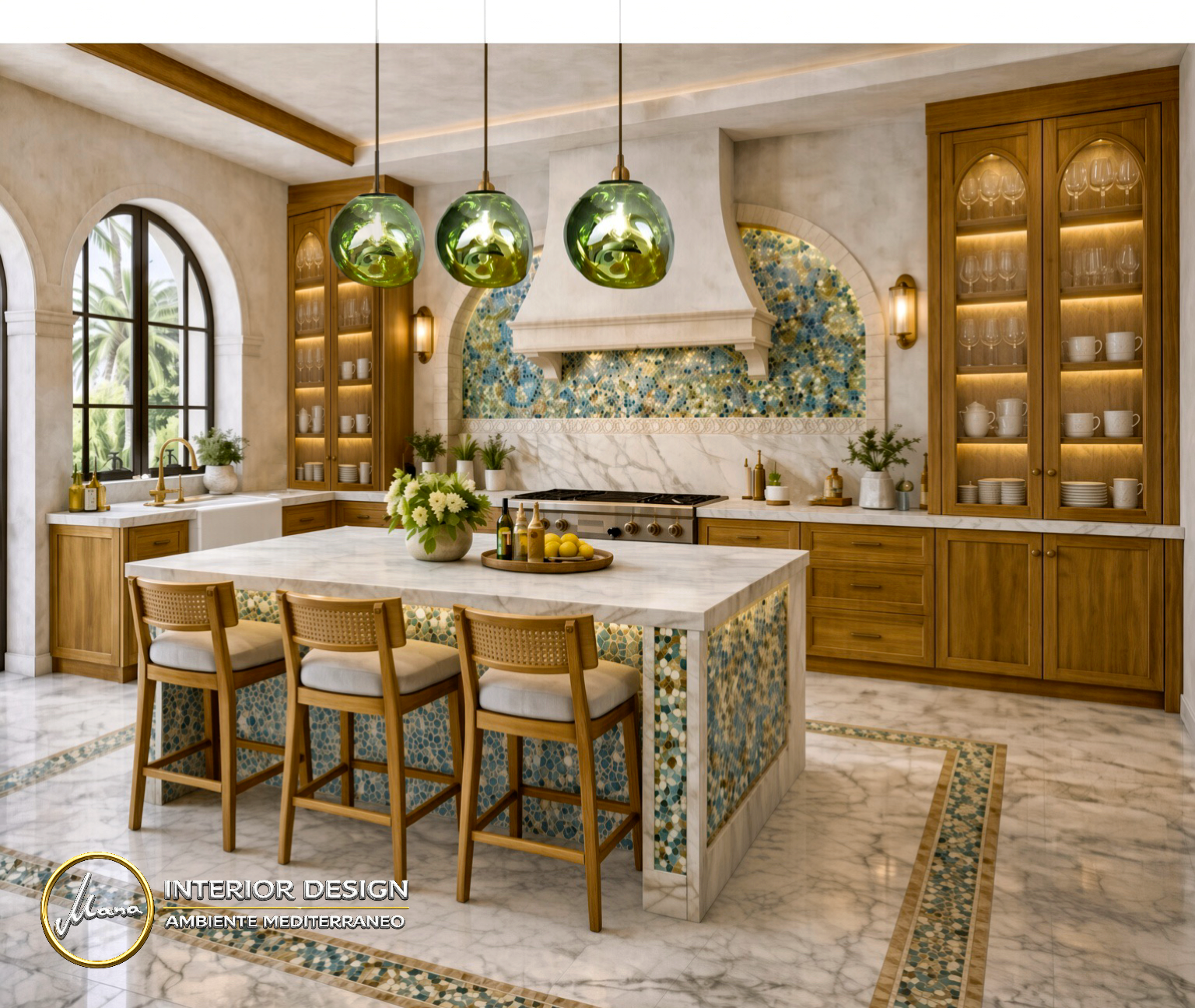 Andalusisch-mediterrane Küche mit Mosaikinsel, Holzschränken und grünen Pendelleuchten