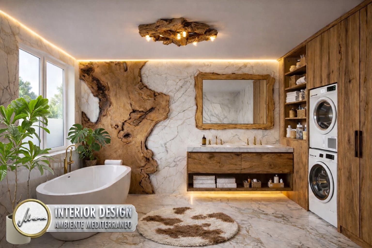 Luxuriöses Badezimmer im Organic Modern Luxury Stil mit freistehender Badewanne, markanter Naturholz-Statementwand, Waschtisch aus Holz und integriertem Waschbereich.