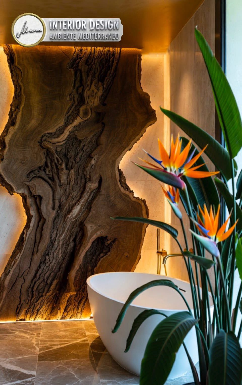 Detailansicht eines Organic Modern Luxury Badezimmers mit hinterleuchteter Naturholzplatte, freistehender Badewanne und tropischen Strelitzien.