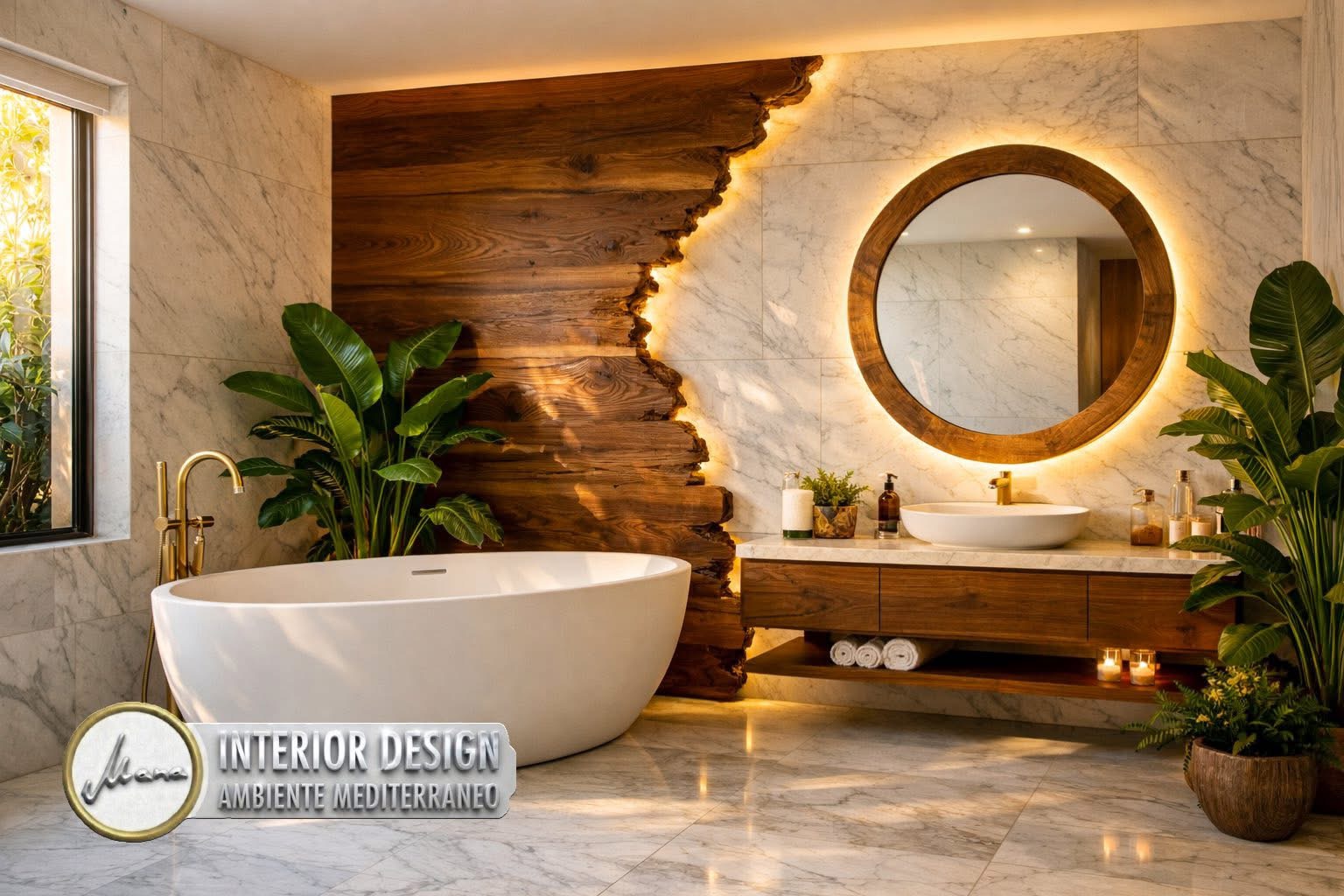 Elegantes Badezimmer im Organic Modern Luxury Stil mit freistehender Wanne, rundem Spiegel, Holzwaschtisch und hinterleuchteter Naturholzwand vor Marmoroberflächen.