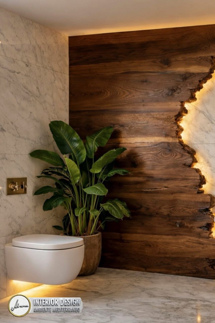 Detailansicht eines Organic Modern Luxury Badezimmers mit wandhängendem WC, großformatiger Naturholzwand und üppigem Pflanzenakzent.