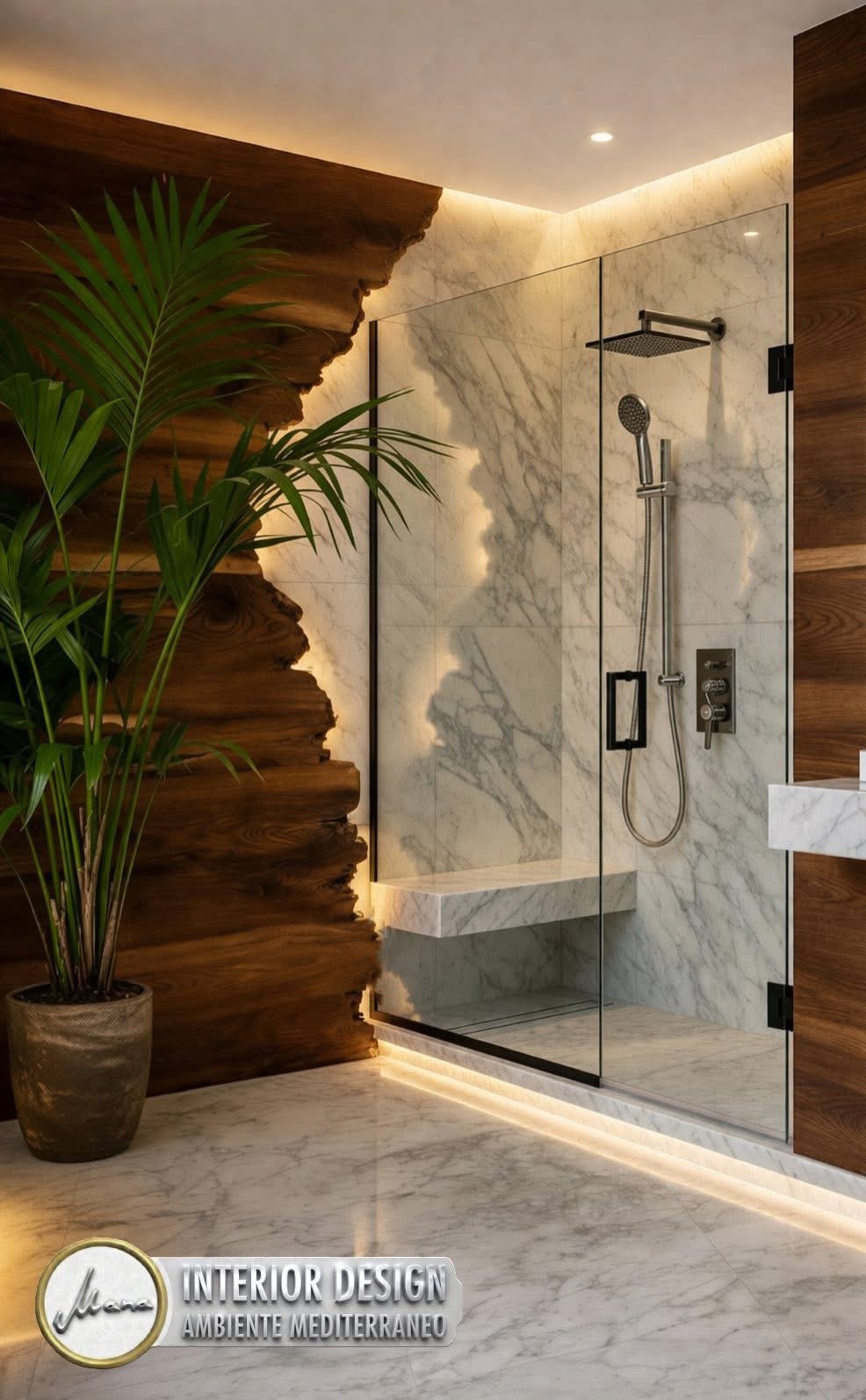 Walk-in-Dusche im Organic Modern Luxury Stil mit schwarzer Glasrahmung, Marmoroberflächen und skulpturaler Holzwand mit indirekter Beleuchtung.
