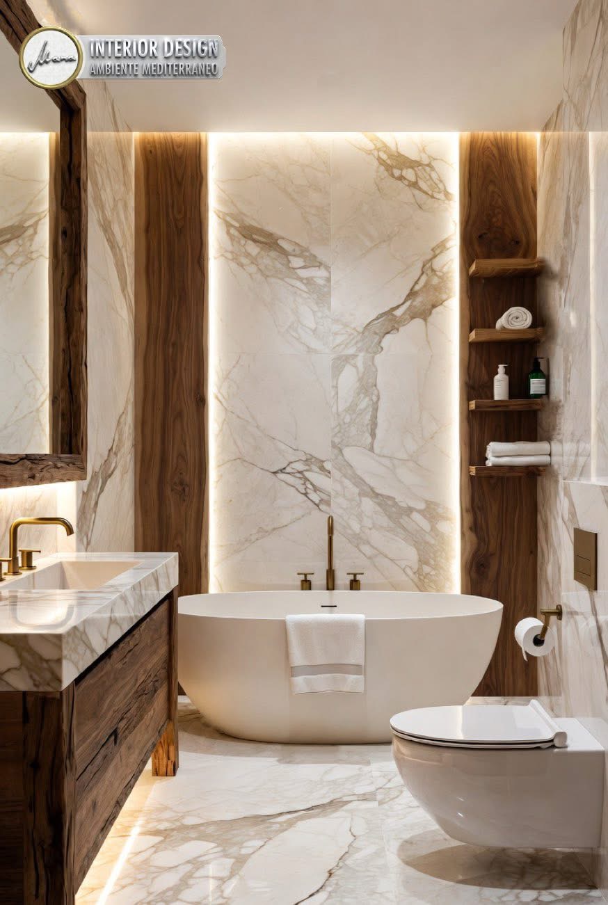 Badezimmer im Organic Modern Luxury Stil mit freistehender Badewanne, hinterleuchteter Marmorwand und warmen Walnussdetails.