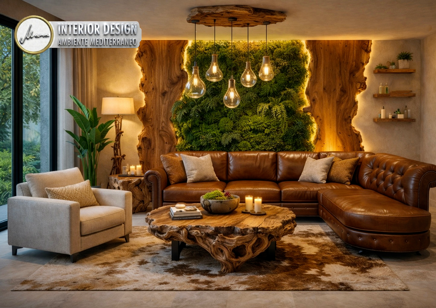 Wohnzimmer im Organic Modern Luxury Stil mit braunem Ledersofa, rustikalem Naturholz-Couchtisch und hinterleuchteter Mooswand.