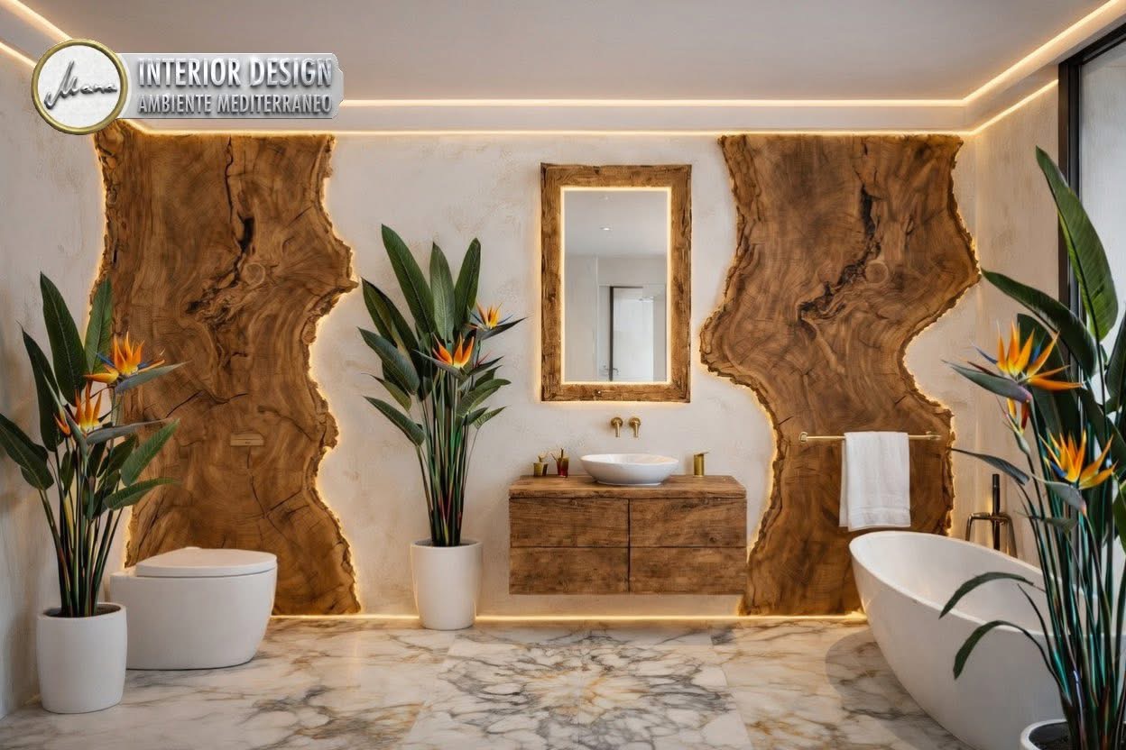 Badezimmer im Organic Modern Luxury Stil mit freistehender Badewanne, tropischen Pflanzen und hinterleuchteten Holzpaneelen.
