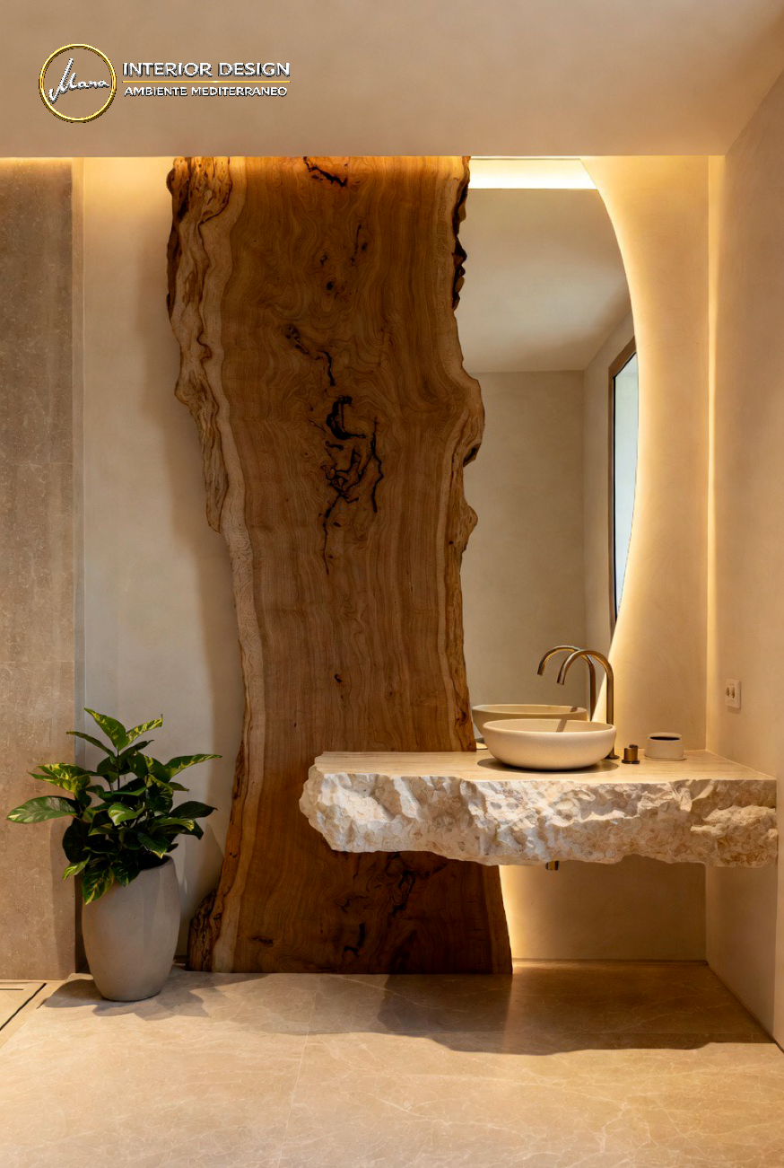 Gästebad im Organic Modern Luxury Stil mit skulpturalem Steinwaschtisch, organischer Holzstele und minimalistischer Lichtführung.