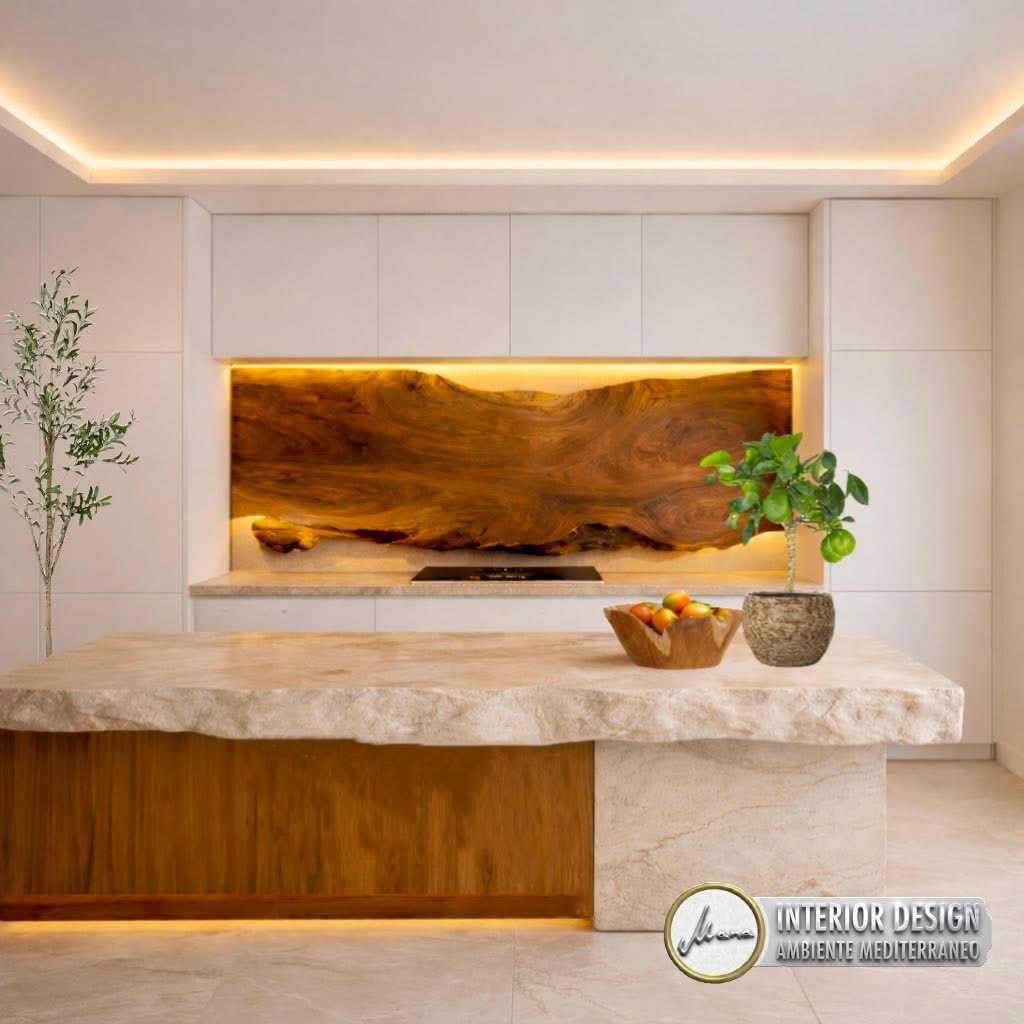 Küche im Organic Modern Luxury Stil mit skulpturaler Natursteininsel, minimalistischen Fronten und hinterleuchteter Holzrückwand.