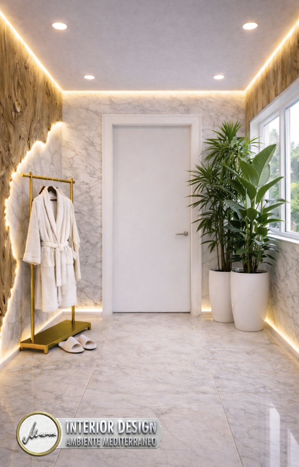 Spa-inspirierter Eingangsbereich im Organic Modern Luxury Stil mit Bademantelständer, Pflanzen und heller Natursteinoptik.
