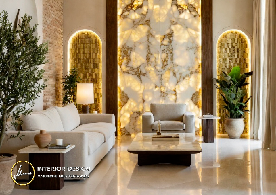 Wohnzimmer im Organic Modern Luxury Stil mit großer hinterleuchteter Onyxwand, hellen Sitzmöbeln und seitlichen Arkadennischen.