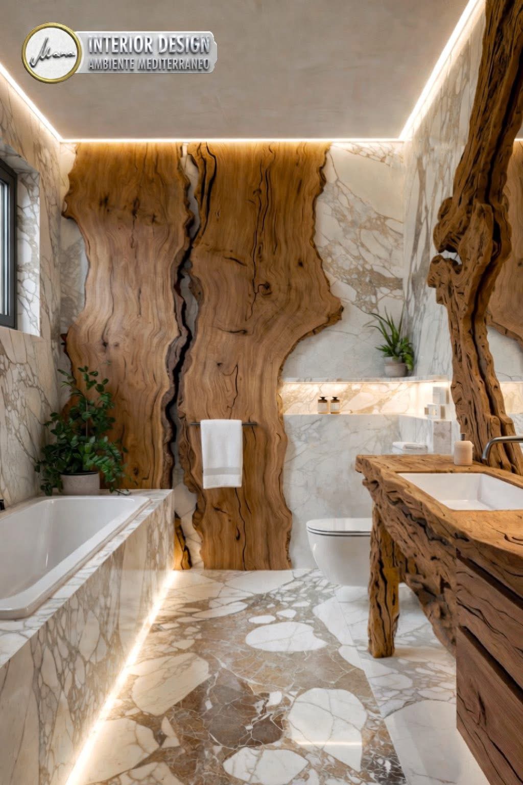 Badezimmer im Organic Modern Luxury Stil mit Live-Edge-Holzwaschtisch, eingelassener Wanne und großformatiger Marmoroptik.