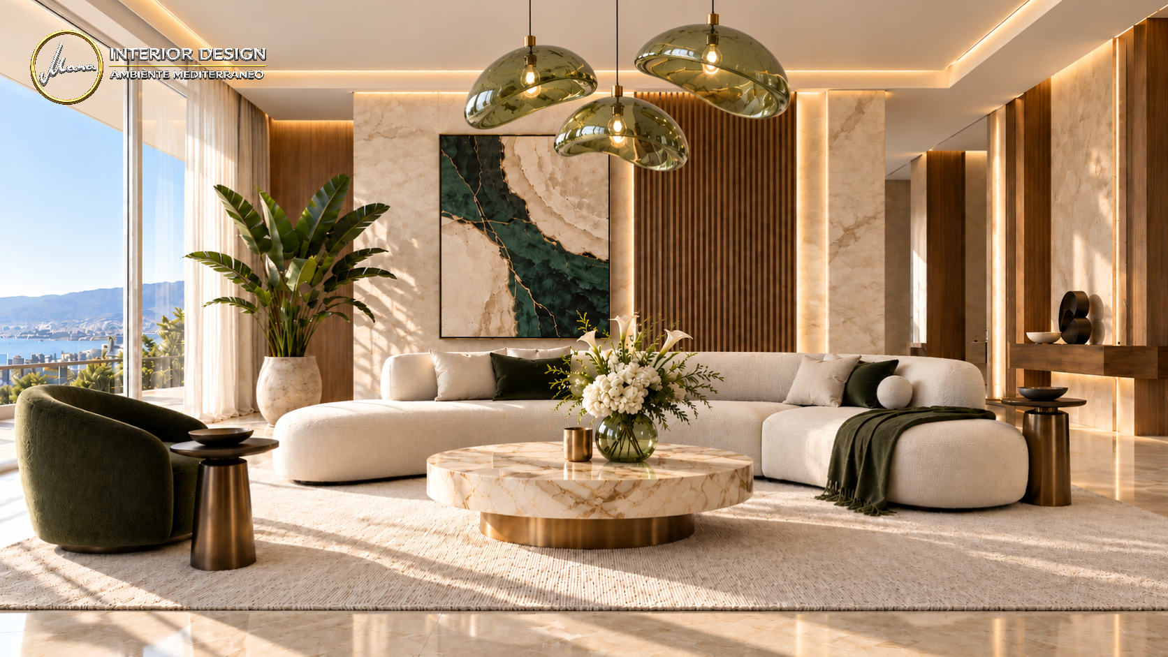 Heller Wohnraum mit cremefarbenem Sofa, Naturstein-Couchtisch, Holzlamellen, grünen Glaspendelleuchten und großflächiger Verglasung.