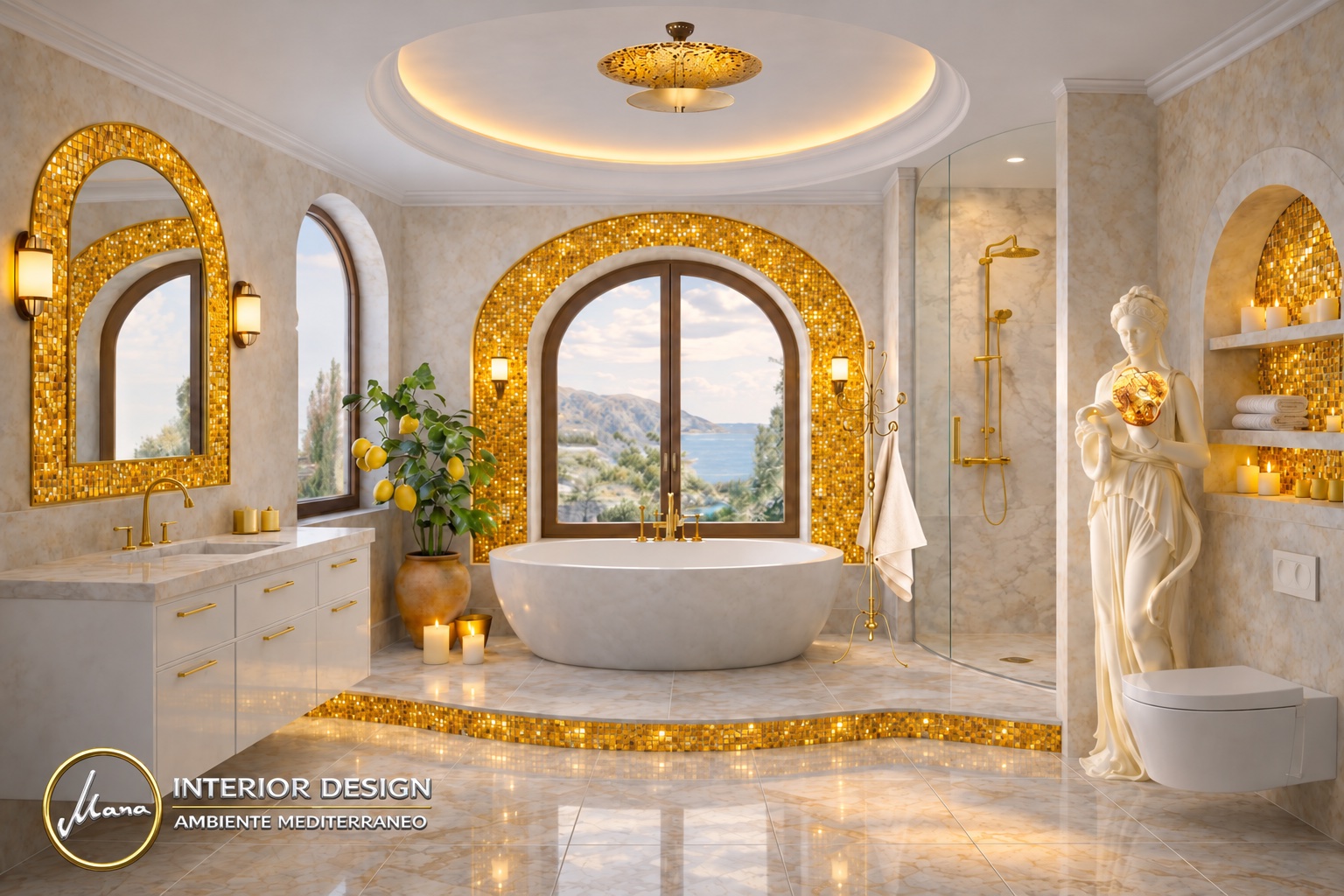 Modern Luxury Badezimmer mit Goldmosaik, freistehender Badewanne, Naturstein und Meerblick