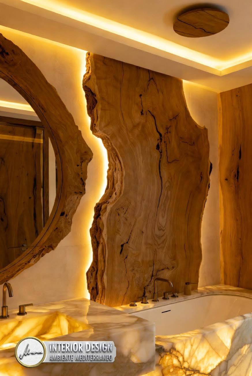 Organisches Naturholz, Spiegel und beleuchteter Onyx-Waschtisch im Organic Modern Luxury Design von MANA
