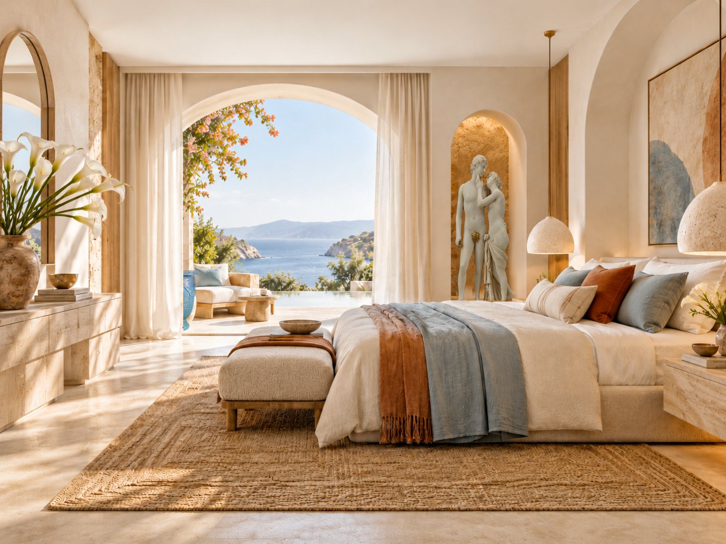 Mediterranes Schlafzimmer mit Meerblick, hellblauen und terrakottafarbenen Textilien, weißen Calla-Blumen und Skulptur in einer beleuchteten Nische.