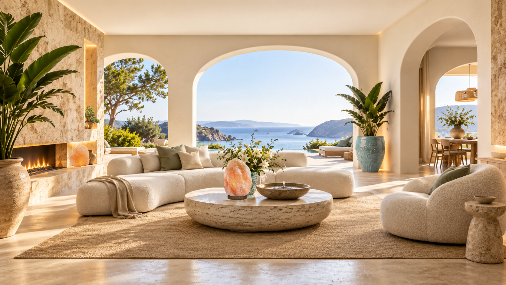 Mediterranes Wohnzimmer mit Meerblick, Bögen, organischen cremefarbenen Sitzmöbeln, Naturstein, Pflanzen, frischen Blumen und einer Wasserschale.